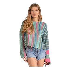 ELAN Sweater Boho Turquoise Southwestern Fring Size SMALL‎